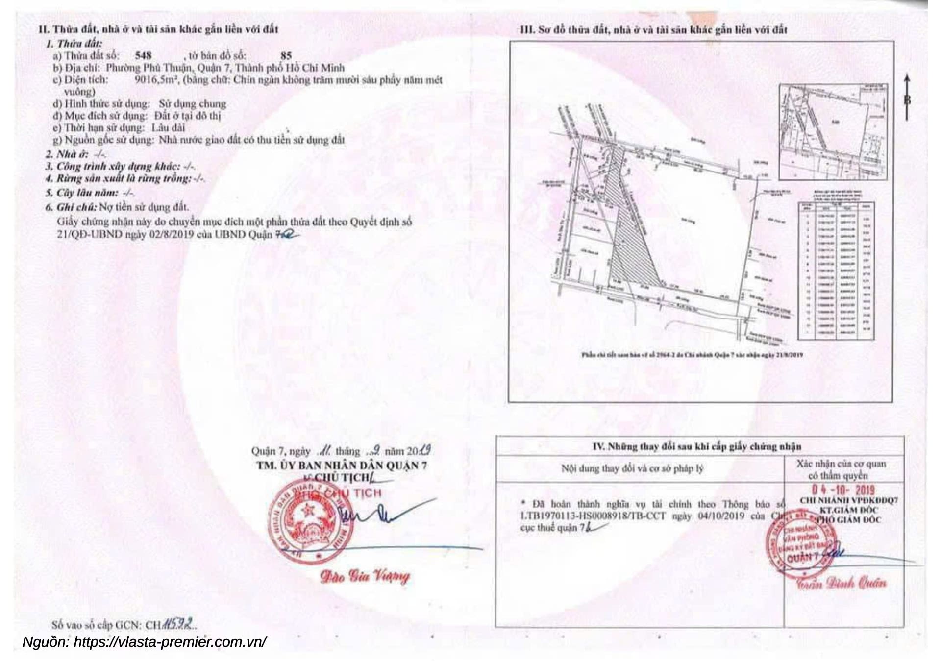 Giấy chứng nhận quyền sử dụng đất dự án Vlasta Premier Phú Thuận